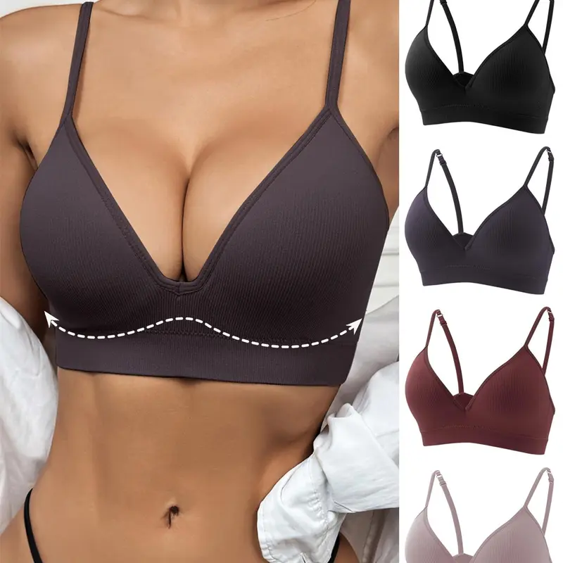 4-piece women's gathering fixed cup bra, Wireless Padded Bra, Padded Brassieres, sports thread non-removable breast pad, adjustable shoulder straps, thickened high elasticity design, and closed side breasts to prevent sagging