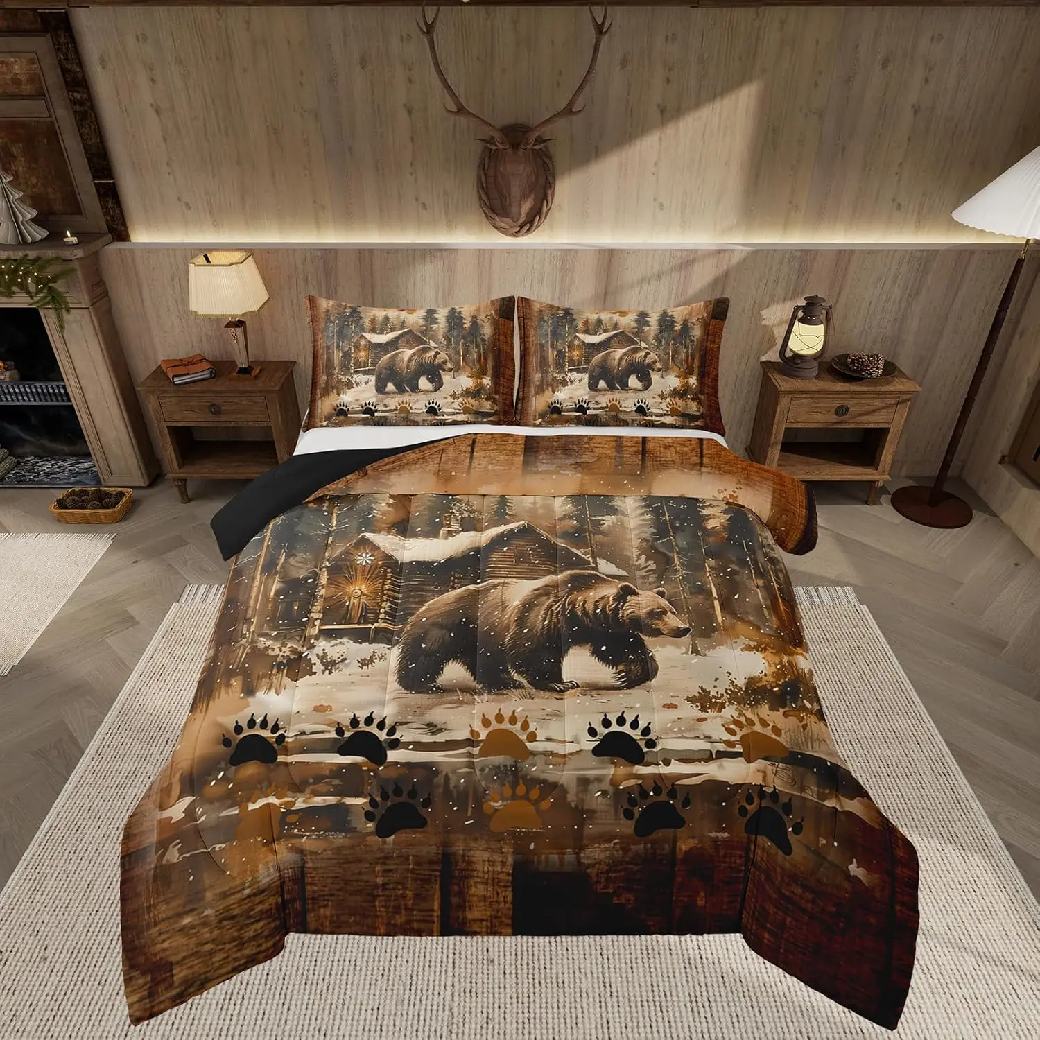 Rustic Bear Bedding Set Wildlife Hunting Theme Duvet Quilt Wild Animal Comforter Set Breathable Soft Microfiber