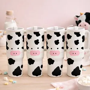 AuraCup 1pc 40oz Insulated Tumbler with Handle and Lid, Cute Cow Print Stainless Steel Travel Mug, Kawaii Milk Cow Cartoon Design Coffee Water Cup, Double Wall Vacuum Tumbler for Hot Cold Drinks, Large Capacity Cute Gift for Cow Lovers, Valentine’s Day Gi