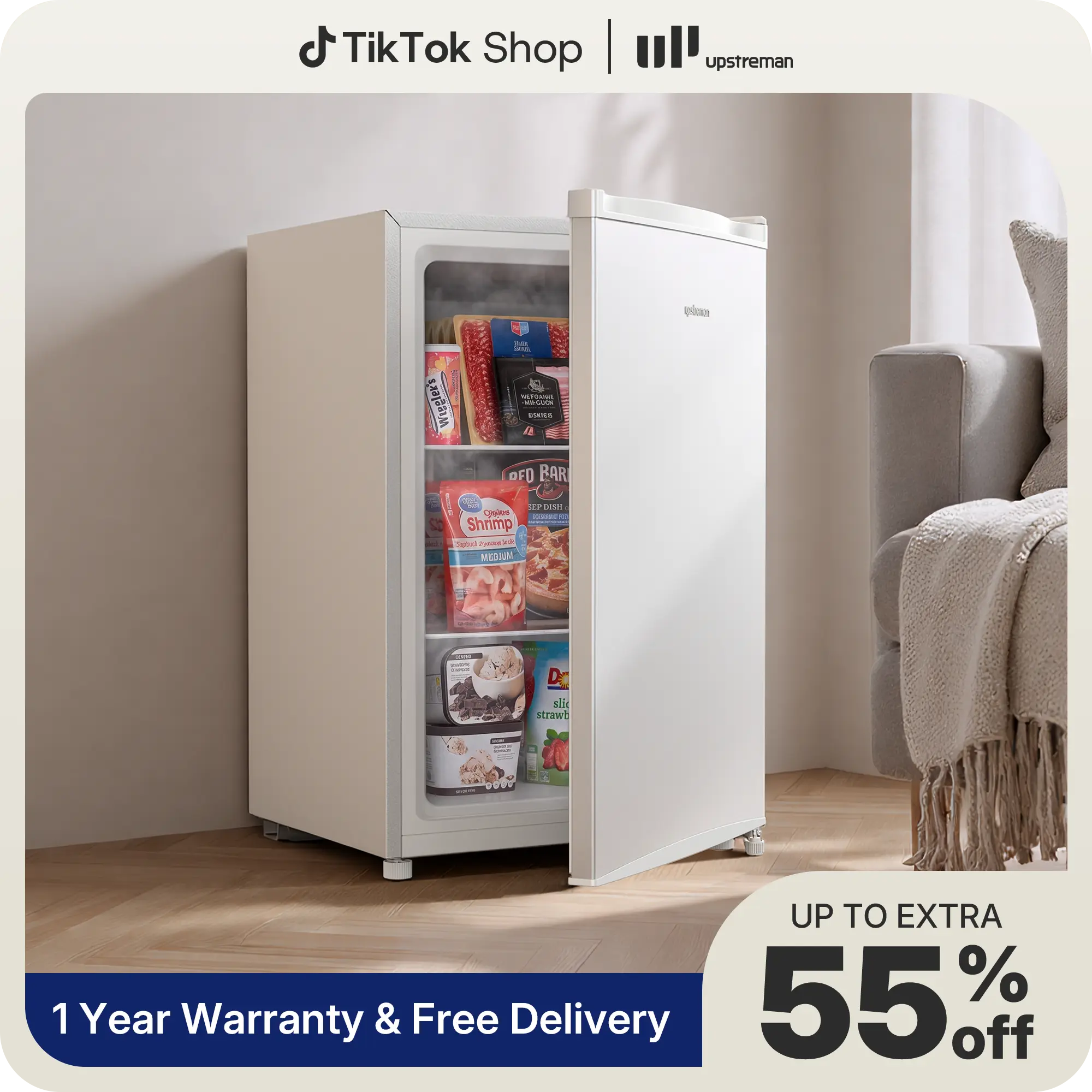 Upstreman 3.0 Cu.ft Compact Upright Mini Freezer (White UP30) - Lightweight, Reversible Door, Fast-Efficient Cooling, 5 Thermostats, Ice Trays, Defrosting Tools, -24°C/-12°C, 20.3" W x 18.9" D x 31.6" H, Easy Maintenance, for Apartment, Dorm, Adjustable