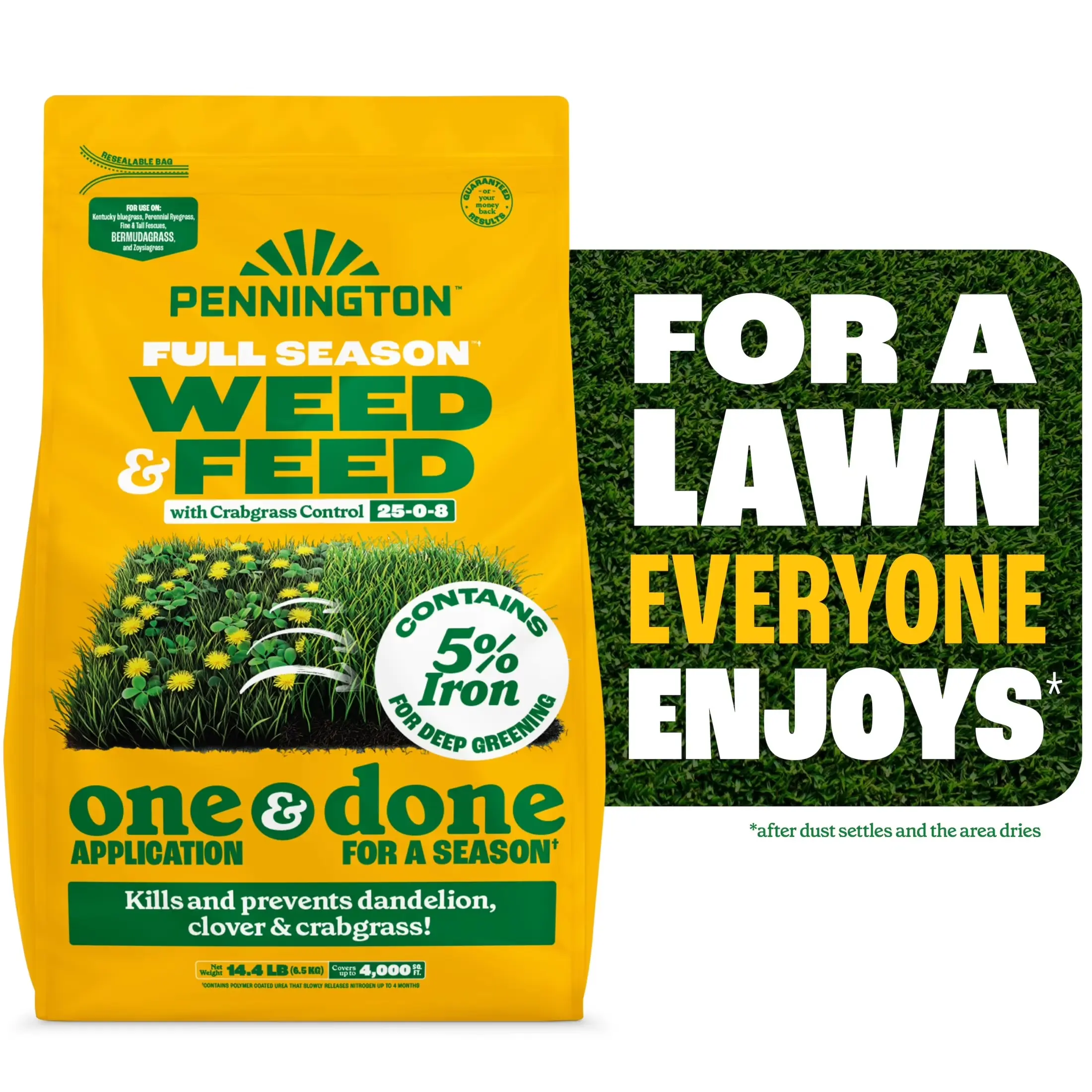 Full Season Weed and Feed Plus Crabgrass Control Lawn Food 25-0-8 Fertilizer, 14.4 lbs., Covers 4,000 Sq Ft