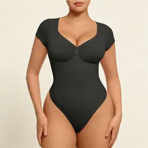 Women's Short Sleeve Bodysuit for Tummy Control V Neck Seamless Body Suits Thong Going Out Tops Shapewear Womenswear Compression Elegant Fitted Solid Color