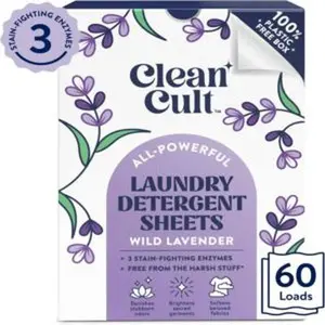 Laundry detergent sheets resealable box 3 stain fighting enzymes wild lavender 60 loads free of harsh chemicals no mess no plastic waste