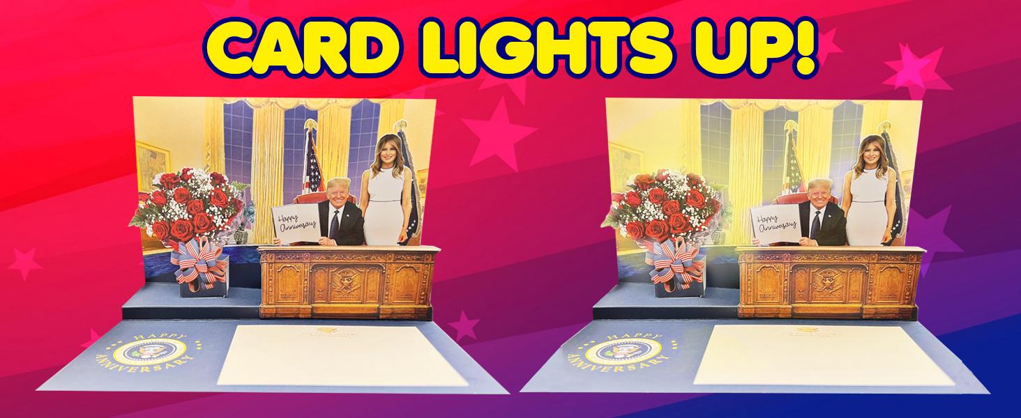 Trump Pop Up Anniversary Card with Real Voice, Lights & Music - 3D Scene Plays Happy Anniversary in Donald Trump's Voice - Funny Novelty Greeting Card for Couple, Husband & Wife (Oval Office)