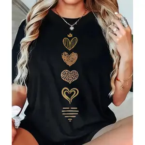 Gold Heart Stack Womens Cotton T Shirt Simple Romantic Daily Wear