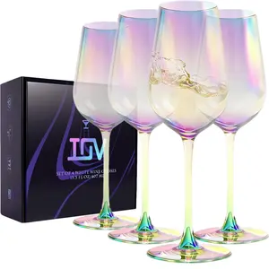IOV Hand-Blown Rainbow Glasses Set of 4, 13.8oz Long Stem Crystal – Perfect for Red & White , Unique Gift Idea Wine Drinkware