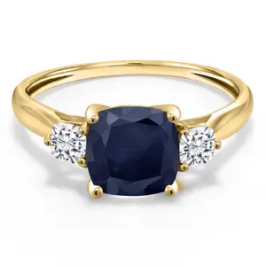 Gem Stone King 10K Yellow Gold Blue Sapphire and White Moissanite Engagement Ring For Women | 2.26 Cttw | Cushion 7MM | Gemstone September Birthstone | Wedding Engagement Anniversary Ring