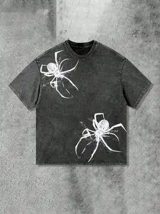 Men's Gothic Trendy Dark Aesthetic Spider Print Washed T-Shirt, Loose Fit, Comfortable Versatile Casual Top, Hardcore Subculture Style