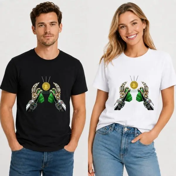 CARPESUN, Crypto Techwear, T-Shirt, Robotic Hands Holding Bitcoin With Green Banknotes, Premium Cotton Jersey Print, Unisex Casual Streetwear Fashion, Single Piece Pack