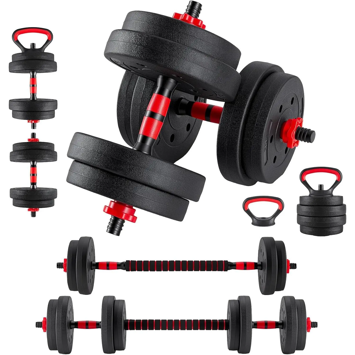 5-in-1 Adjustable Dumbbell Set – 20/40/60 lbs Options, Converts to Barbell, Kettlebell & Push-Up Stands, Secure Locking System, Space-Saving Home Gym Weight Set,Black-Red