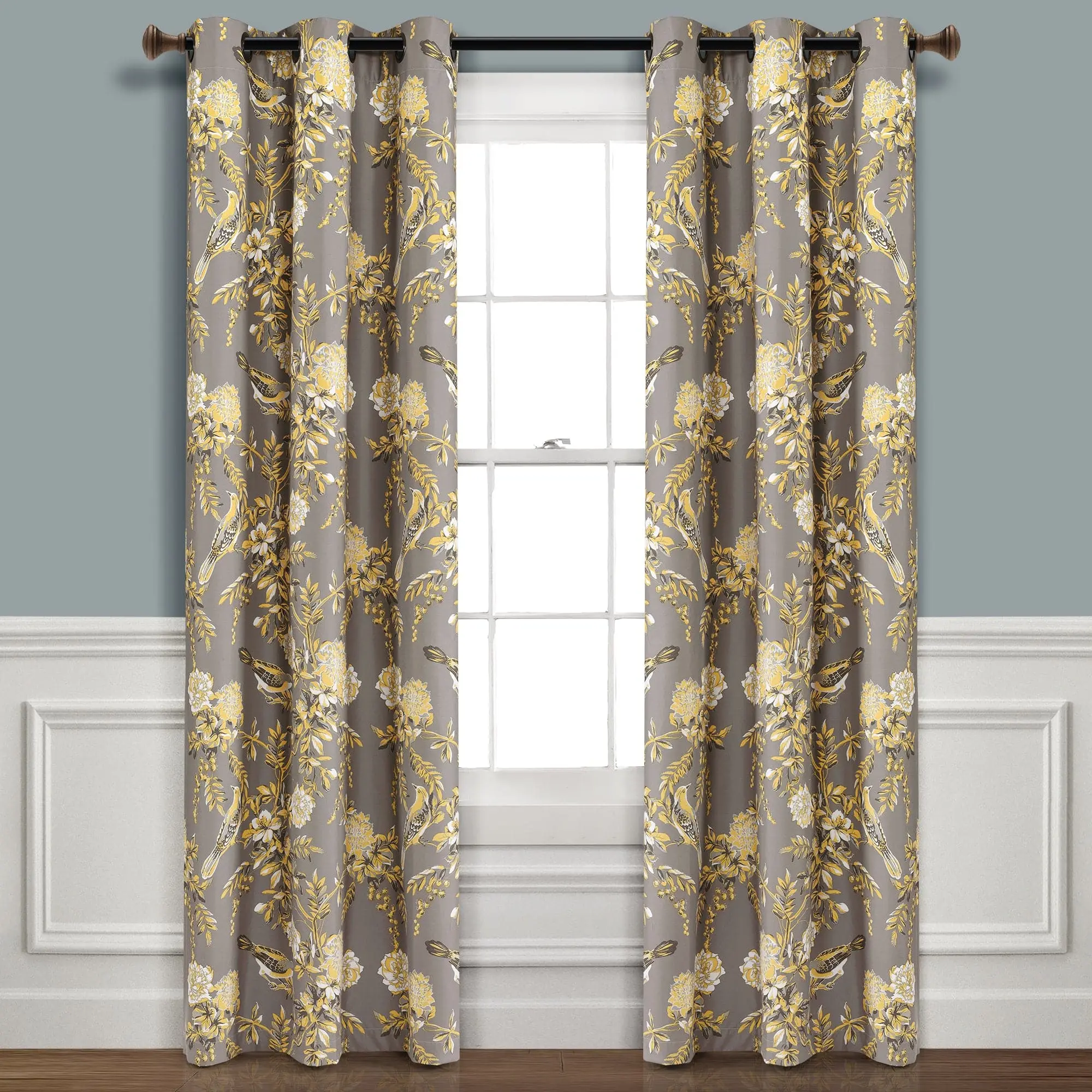Lush Decor Farmhouse Bird & Flower Insulated Grommet Blackout Window Curtain Panel Set 38"W x 84"/95" Energy Efficient Nature Print 100% Polyester Machine Washable, Blackout Covers, Curtains Black Out