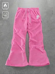 Men's Letter Embroidered Fleece Lined Flare Pants, Casual Warm Long Trousers for Fall & Winter Seasons, Comfortable Regular Fit Design