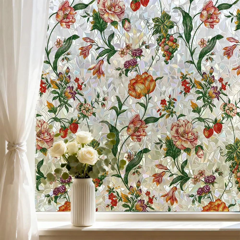 1 Roll PVC Static Cling Iridescent Flower Window Film - Removable Privacy Protection, Light-Enhancing Home Decor for Living Room Glass Surfaces, Sliding Doors, Spray Water, Any Window Size