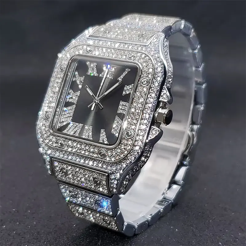 MaxBling81 Men's Masculine Square-Shaped Quartz Watch - 2-Tone All-Metal Diamond-Embellished Luxury Iced Rhinestone Design, Adjustable Band with Removable Links, Hip Hop Style for Dress & Casual Wear, 2-Tone Quartz Watches, All-Metal Quartz Watches