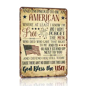 8x12 in Aluminium Metal Sign - Proud To Be An American God Bless The USA Retro Vintage Patriotic Wall Decoration, Room Decorations for Veteran VFW Club Home Supplies Plaque