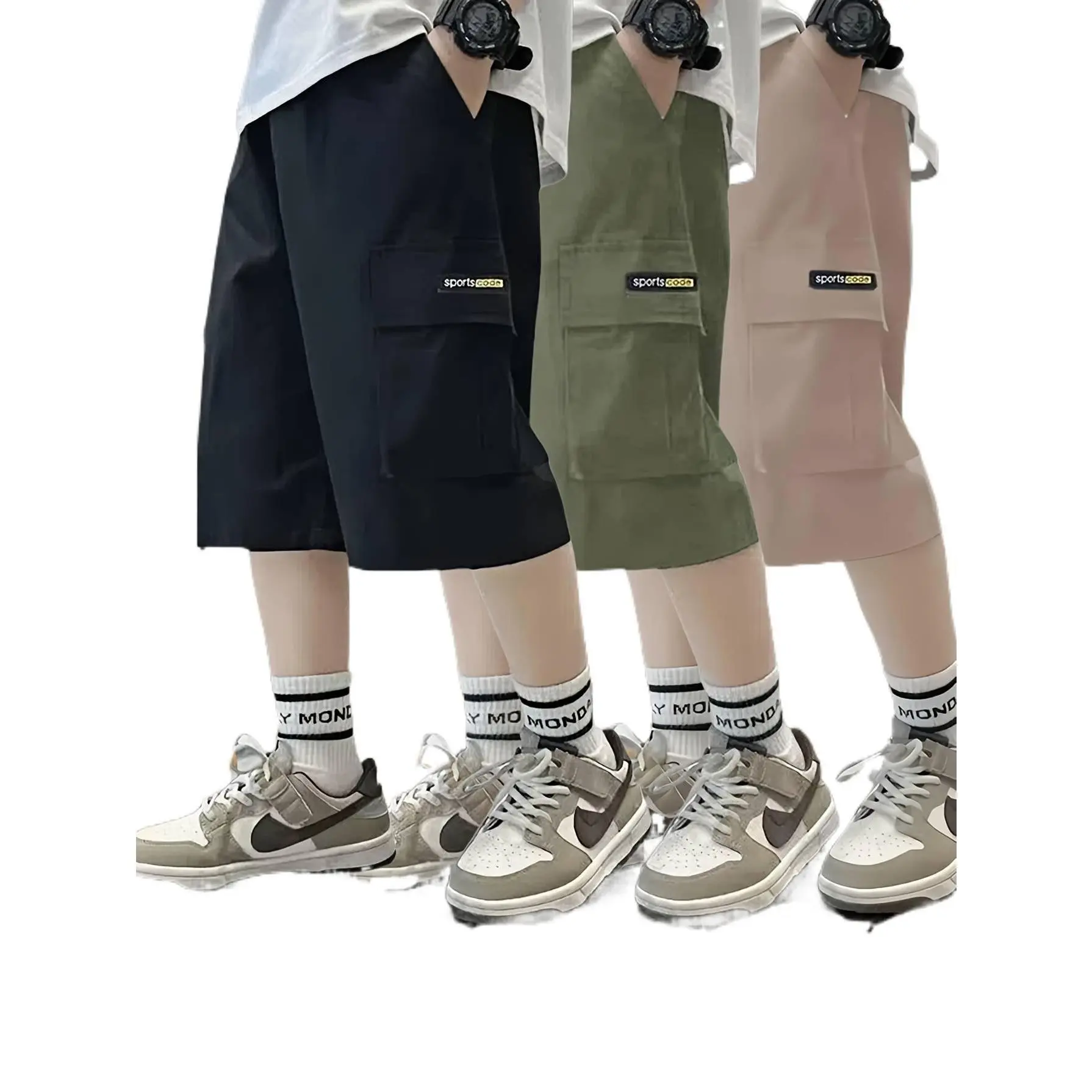 3pcs Boys Summer Cargo Shorts Trendy Korean Style Stylish Patchwork Design Comfortable Outdoor Pants for Kids 2-12 Years # summer cute clothes # cotton athletic short # comfy swim short # summer jean # Boys Extra Baggy Jean # summer trouser # summer beach