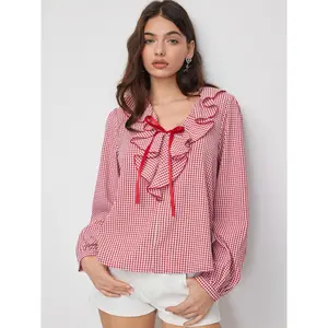 Cider Gingham V-Neck Ruffled Lantern Sleeve Oversized Blouse