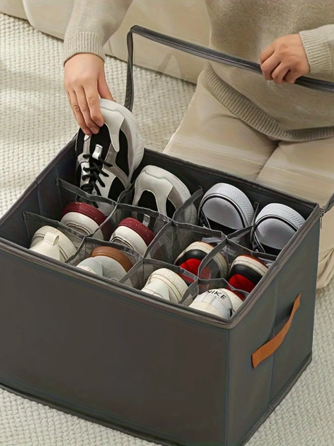 Foldable Oxford Fabric Shoe Storage Box with Lid, Divided Compartments, Dustproof Organizer for Shoes Clothes Accessories, Durable Rectangular Home Organization Solution, Fabric Storage Bins, Folding Storage Boxes
