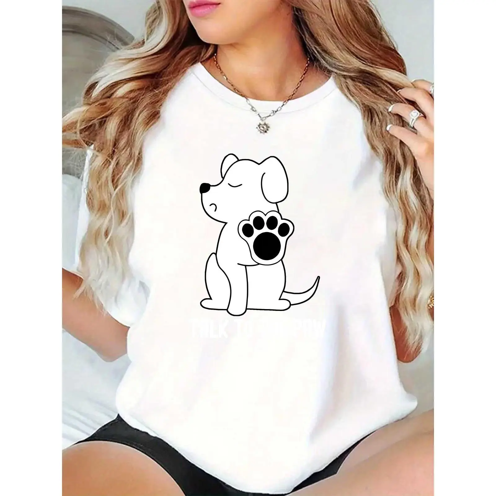 Women's Cute Dog & Paw Print T-Shirt, 'Talk to the Paw' Casual Short Sleeve Tee for Dog Lovers, Daily Wear, Pet-Themed Fashion, Day, Basic, Tops, Elegant, Round Neck