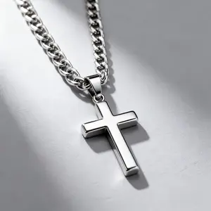Cuban Chain with Cross Necklace Christian for Boys and Men Inspirational Message Card with Gift Box Silver Tone