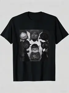 Men's Hip-Hop Cat Crew Graphic T-Shirt – Premium Cotton Funny Gangster Cat Print Tee, Streetwear Casual Short Sleeve