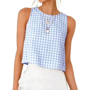 Womens Plaid Crop Tank Tops Summer Beach Sleeveless Tops