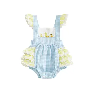 Infant Girl Summer Romper Cute Duck Embroidery Plaid Ruffle Sleeveless Bubble Jumpsuit Casual Farm Outfits