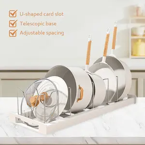 Adjustable Expandable Storage Rack - 7+ Compartments Pot Lid & Bakeware Organizer for Cabinet/Countertop | Kitchen Storage Rack Holder (White/Grey) | Black Friday & Christmas Gift