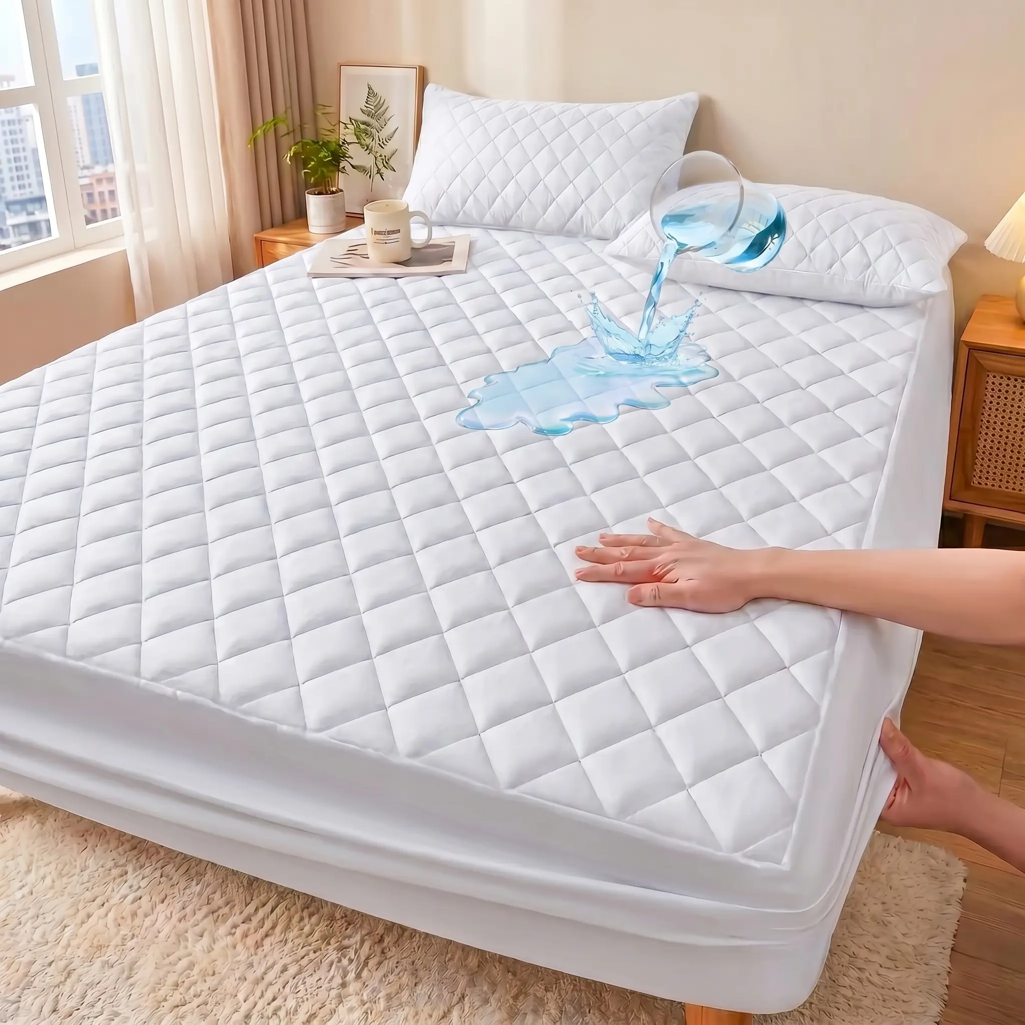 Hotel-grade triple-stitched diamond quilted mattress protector (includes pillowcases), microfiber fabric, TPU coating, 16-inch deep fitted sheet, waterproof, machine washable, fits Twin, Full, Queen, King., Mattress Cover Protector, Deep Pockets