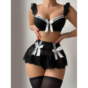 5pcs Baroque Inspired Dark Underwire Sexy Lingerie Set: Crop Top + G-String + Ruffle Hem Skirt + 2pcs Socks, For Valentine's Day Can be used with a raincoat