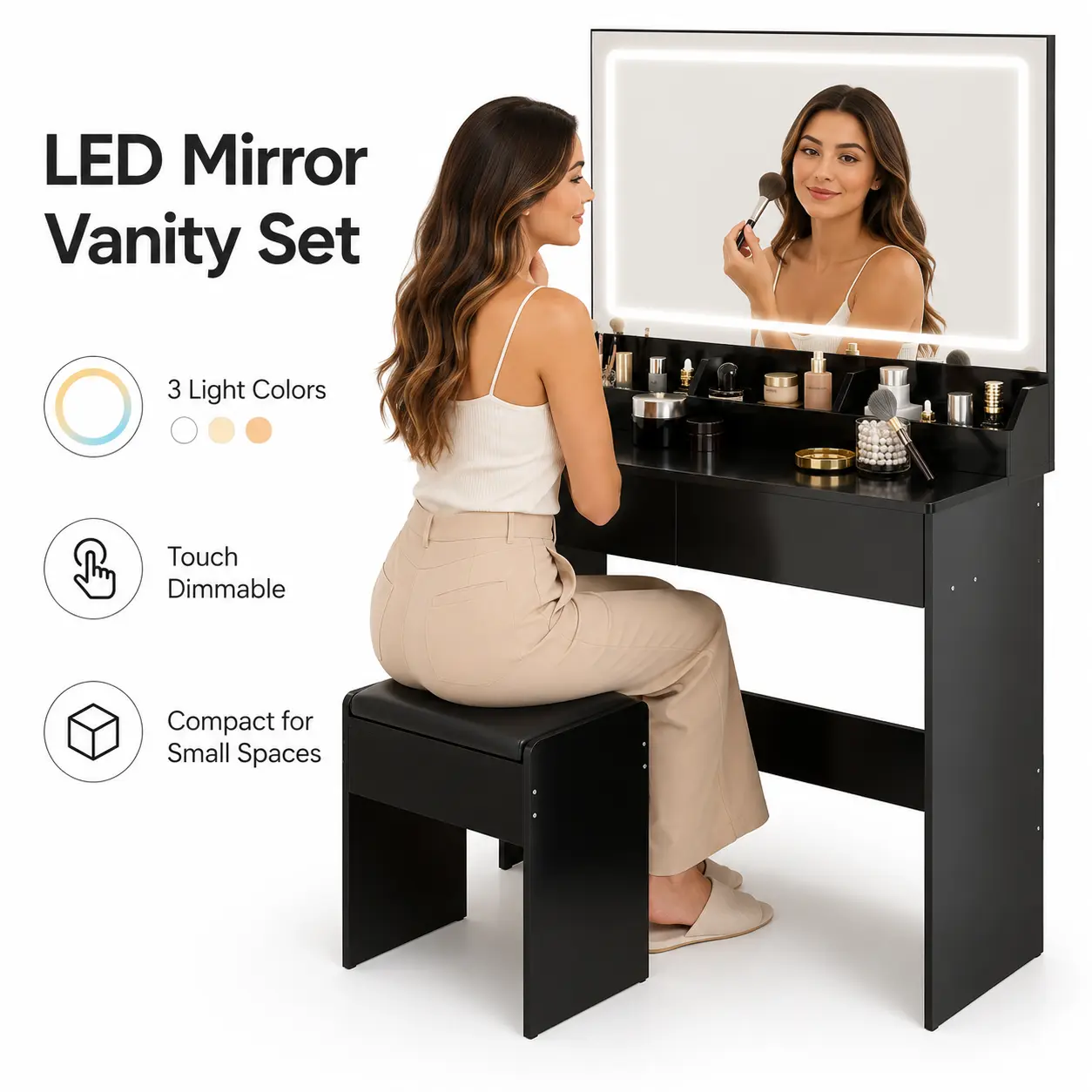 Black Indoor Makeup Vanity Table Set with 31"x20" LED Mirror, 3-Color Lighting, Adjustable Brightness, Large Storage Drawer, Cushioned Stool for Small Spaces