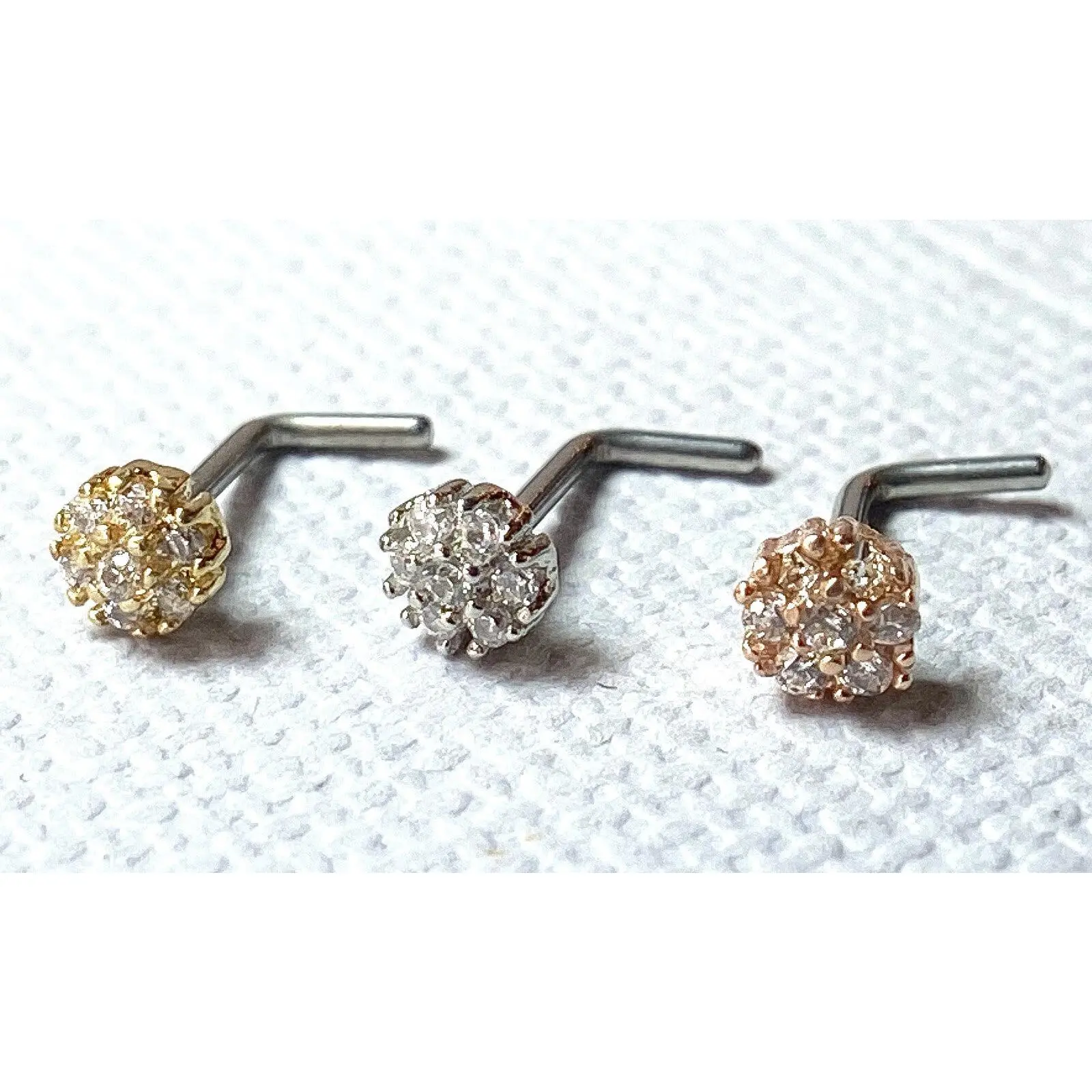 1pc CZ Gem Cluster Flower L-Bend 20g Nose Ring Stud Screw 316L Surgical Steel
