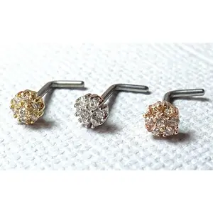 1pc CZ Gem Cluster Flower L-Bend 20g Nose Ring Stud Screw 316L Surgical Steel
