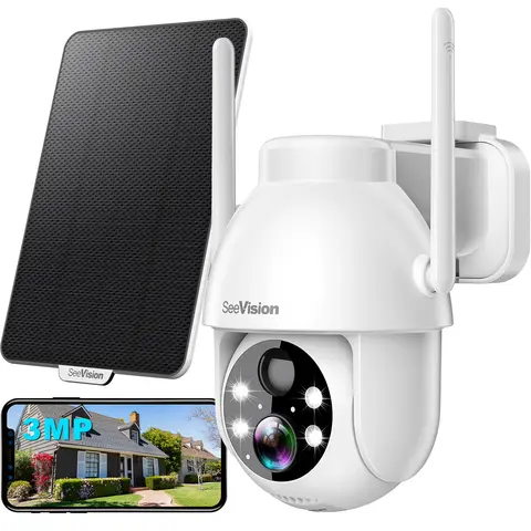 SeeVision White Solar Security Camera - Wireless Smart Home Gadget, IP66 Waterproof Safety Camera, Cordless Outdoor Wall Mount, PIR Motion Sensor, Night Vision, Free 7-Day Cycling Cloud Storage