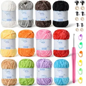 12 Pack 590 (yd) Chunky Chenille Yarn for Crocheting and Hand Knitting with Black Red White Green Yellow Orange Plush  Yarn, Blanket Yarn for Crocheting Soft Amigurumi Yarn