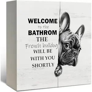 Funny French Bulldog Bathroom Sign, French Bulldog Gifts Wooden Box Sign, Cute Frenchie Dog Wood Signs for Bathroom Toilet Restroom Counter Shelf Wall Decoration 5x5 Inch