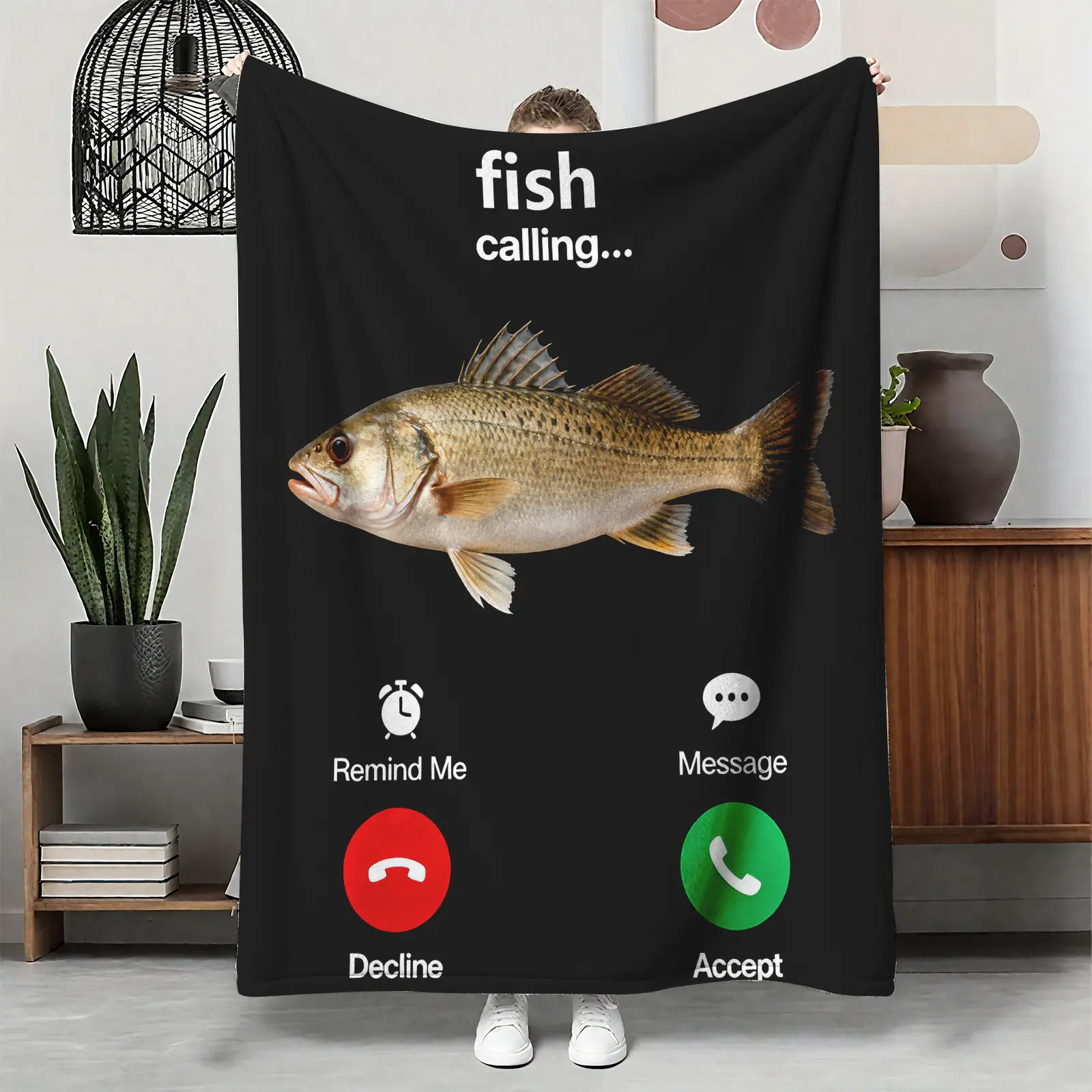 Funny Fish Calling Flannel Throw Blanket - Flannel Weave, Aquatic Print Meme Design, Incoming Call Screen with Accept-Decline Buttons, Soft, Cozy, Wrinkle-Free, Multi-Size, Humorous Gift for Phone Addicts, Playful Decor, Wrinkle Resistant, 30*40 In