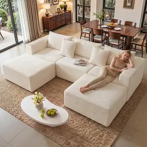Mother Day 113" Cloud Sectional Boneless Couch with Chaise & Ottoman, Plush Corduroy Velvet Modern Modular Sofa with Deep Seat,3 Packages Shipping.Upholstered Couches for Living Room Bedroom, No Assembly Required summervibessofas living room.