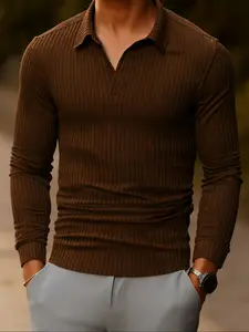 Men's Polo Shirt Long Sleeve Striped Knit Soft Casual Top, Fashionable Versatile Tee for Spring & Fall Outdoor Wear