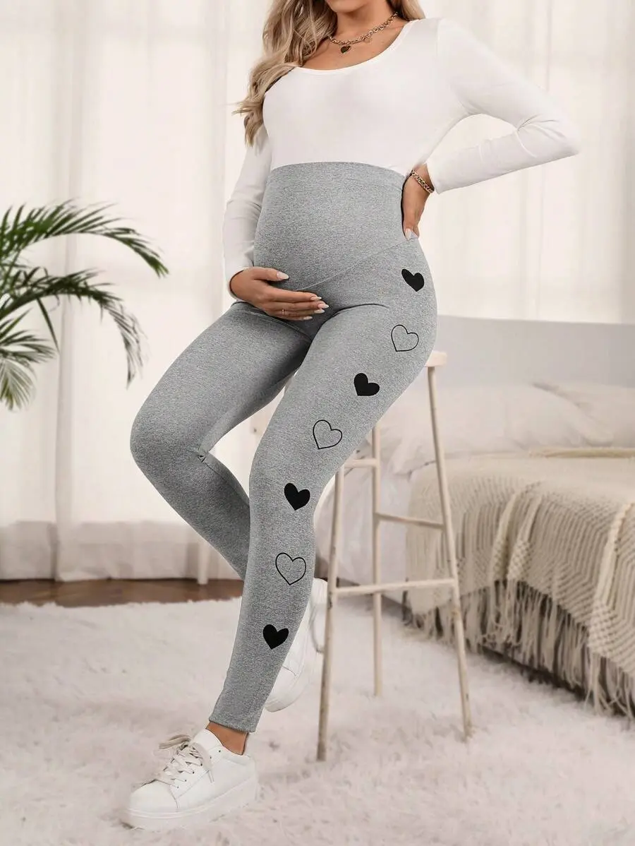 LUNA LAYER Womens Maternity Love Print Adjustable Waist Leggings Grey