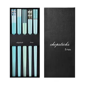 Chopsticks Reusable Dishwasher Safe, 5 Pairs 9.5 Inches Premium Chop Sticks Set for Sushi, Ramen, Asian Cuisine, Matte Non-slip with Gift Case Cutlery Metal Plastic Tableware Wooden Birthday