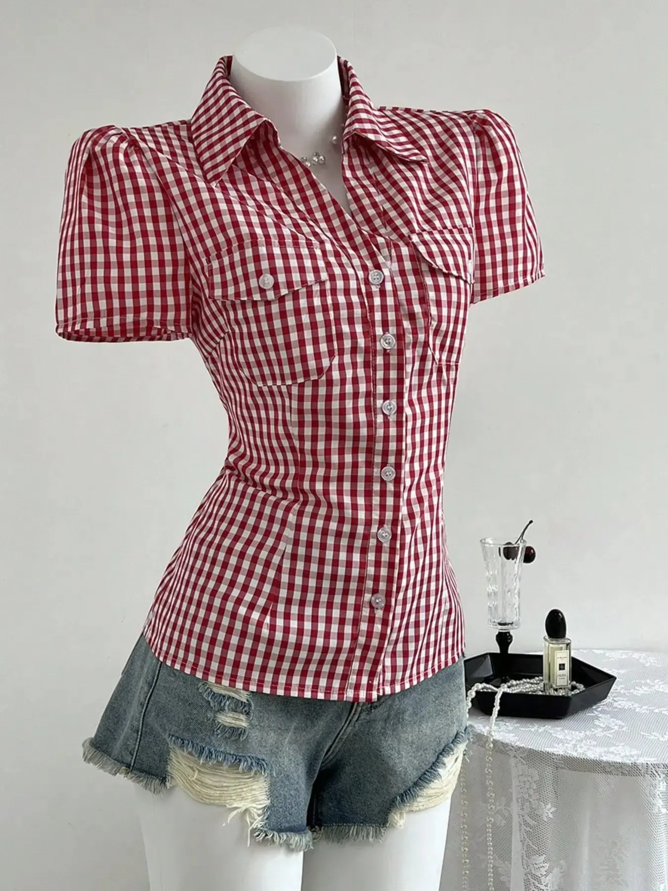 Women's Summer Gingham Short Sleeve Shirt Blouse, Slim-Fitting Casual Button Down Top, Button Down Collared, Button Up Top, Korean Style Lapel Design, Casual Lapel Neck, Perfect for Daily Wear Plaid, Casual Everyday Tops