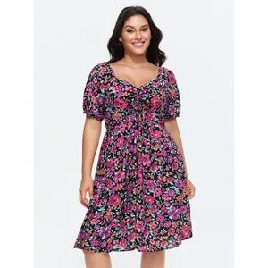 BLOOMCHIC Women's Plus Size Floral Print Sweetheart Neckline Short-Sleeve Mini Dress [M-6X], 2026 Summer Vibes Swimweek Lady Garment with Pocket,Spotlight,Summer wins,Deals for your days