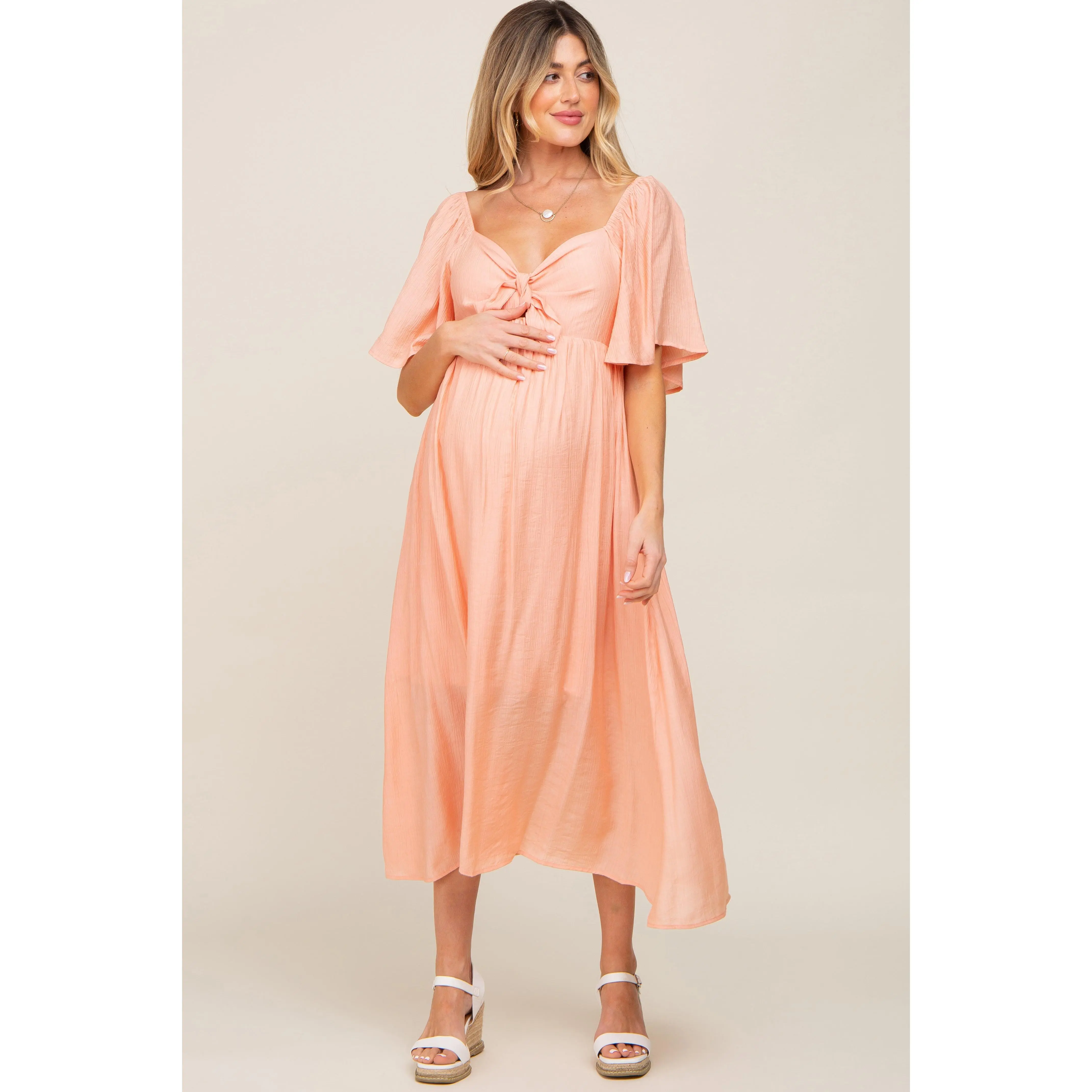maternity midi dress Brown Shimmer Mesh Long Sleeve Ruched Maternity Midi Dress main image 0