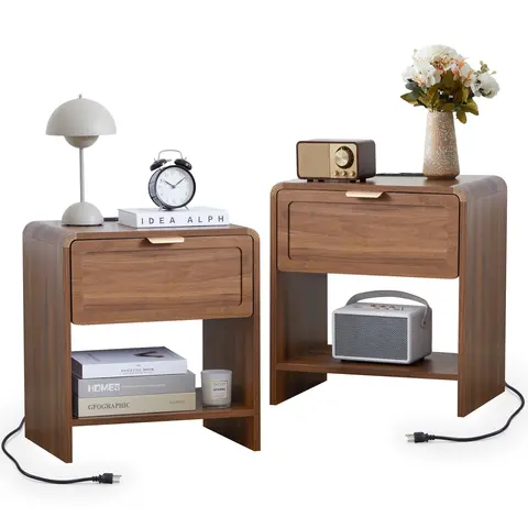 Giratree Compact Nightstand with Charging Station, Mid-Century Modern Wooden Bedside Table with Drawer and Open Shelf for Bedroom, Living Room, and Small Spaces, Single or Set of 2