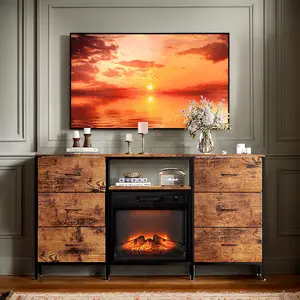 Karlhome Fireplace TV Stand Dresser with Fabric Drawer, Entertainment Center with LED Lights and Industrial TV Console Table with Open Storage Shelves for Living Room, Bedroom