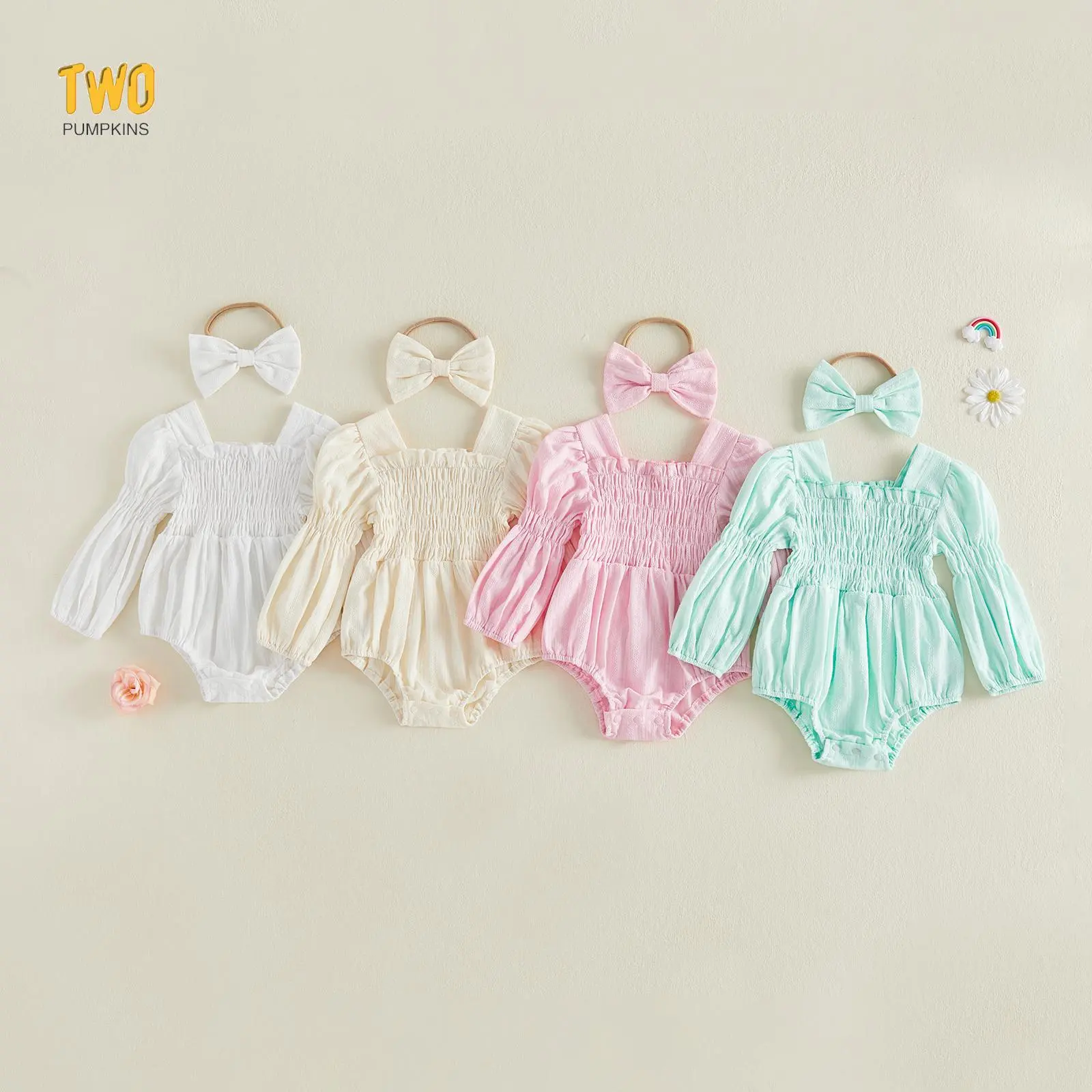 Spring Baby Girl Smocked Clothes Newborn Girl Bubble Romper Long Sleeve Jumpsuit And Headband Outfit Cute Infant Clothing