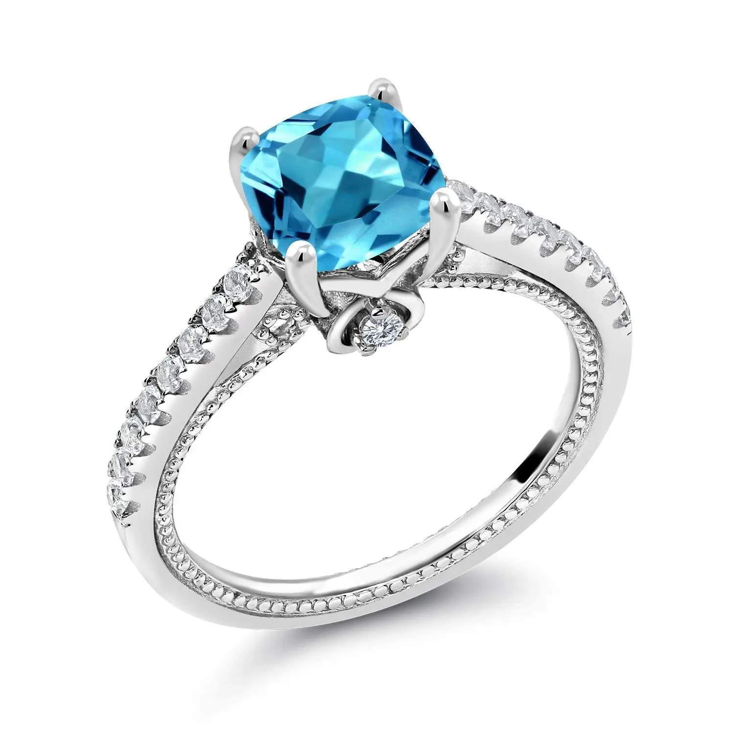 Gem Stone King 925 Sterling Silver Cushion Cut 7MM Gemstone Birthstone & White Created Sapphire Engagement Ring, Glamorous Luxury Silver Ring For Women (Wedding, Anniversary Promise Use), Glamorous Silver Rings