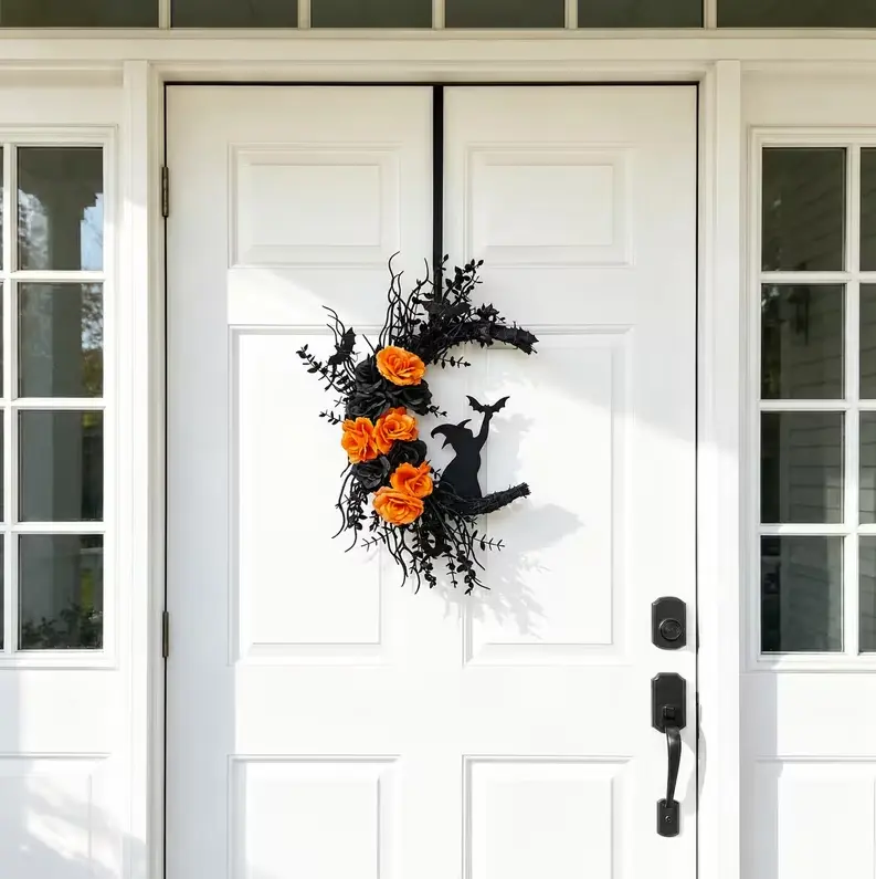 Halloween Crescent Moon Wreath with Witch Silhouette & Orange Roses - Gothic Style Front Door Hanging Decoration for Fall, Spooky Elegant Home Decor, Seasonal Wall Art for Halloween Party, Unique Haunted House Porch Accents, Festive Gift Idea