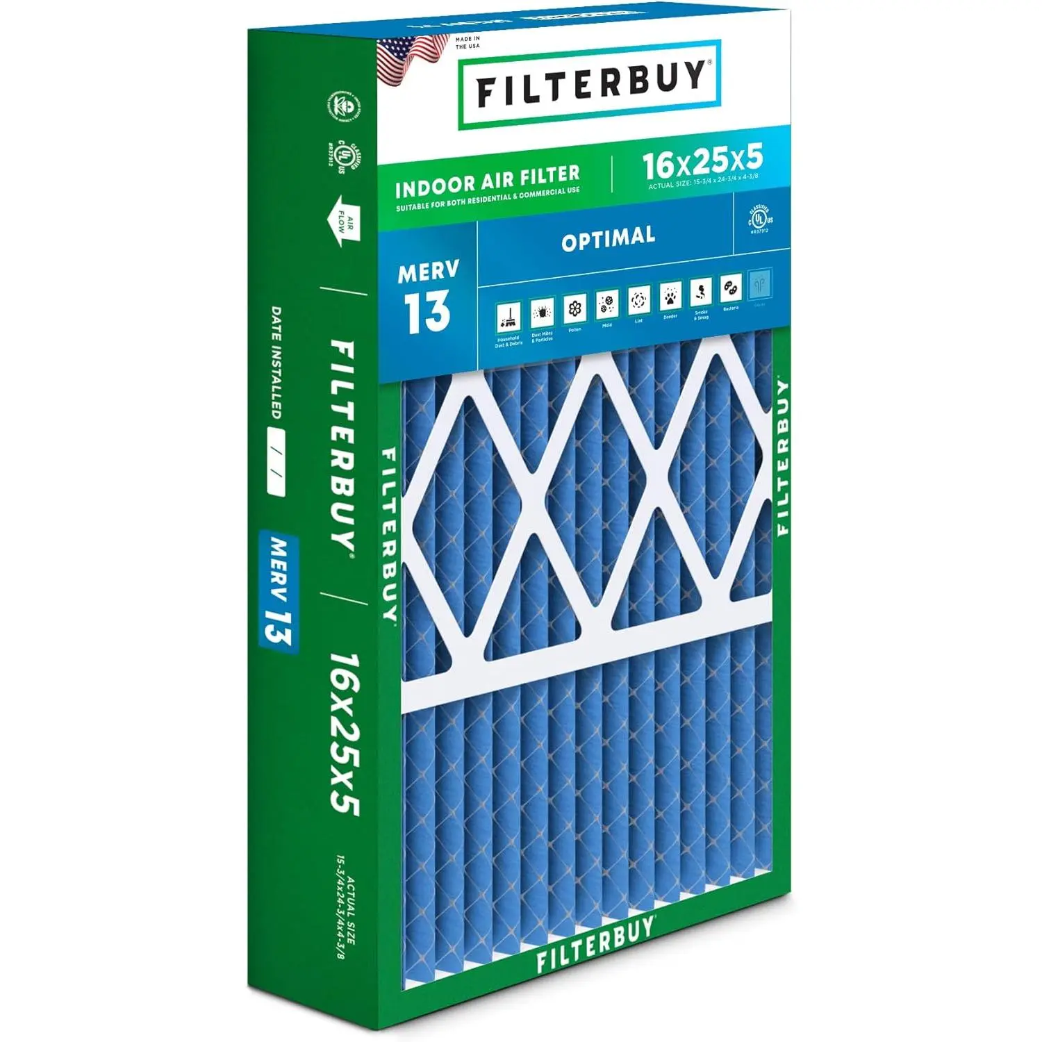 Filterbuy 16x25x5 Air Filter (1-Pack), Pleated MERV 13 Optimal Defense HVAC AC Furnace Air Filters for Honeywell, Lennox X6670, Carrier, Bryant, & More